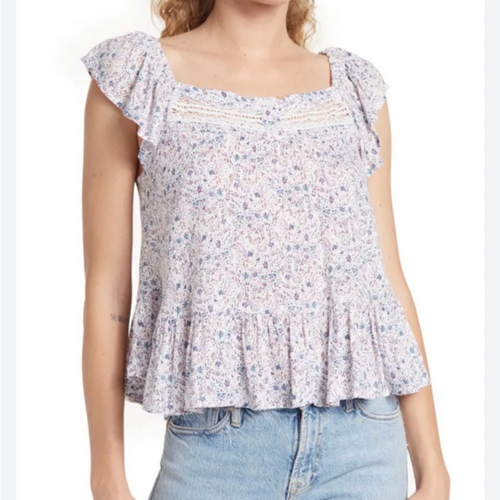 Lucky Brand Floral Ruffle Blouse - White and Blue